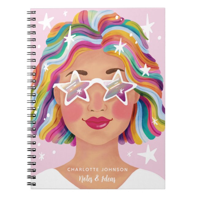 Illustrated Cute Woman Girl Rainbow Personalised Notebook (Front)