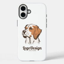 Illustrated dog logo with a brown and white