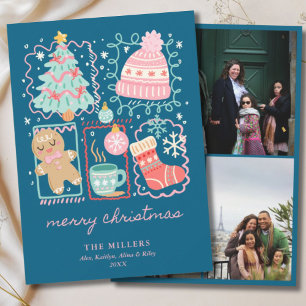 Illustrated Doodle Blue Xmas Gingerbread 3 Photo Holiday Card