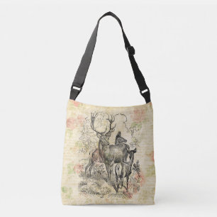 Illustrated Family of Deer Pretty Floral Script Crossbody Bag