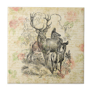 Illustrated Family of Deer Pretty Floral Script Tile
