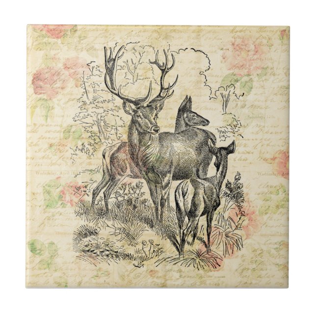 Illustrated Family of Deer Pretty Floral Script Tile (Front)