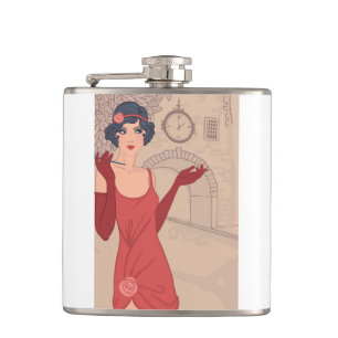 Illustrated Flapper Girl Hip Flask