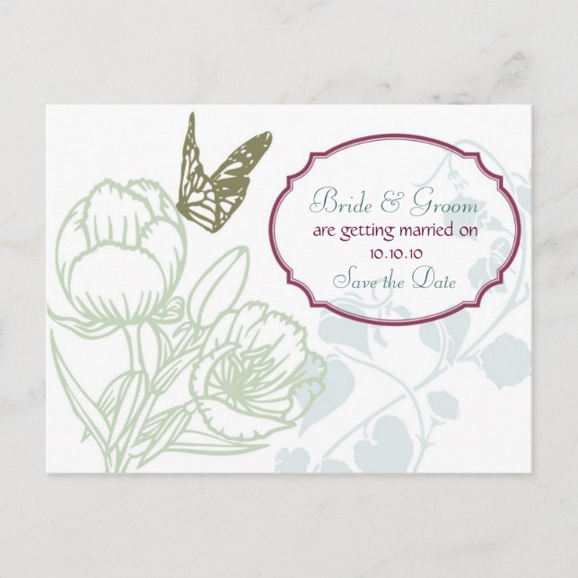 Illustrated Flora & Butterfly Spring Save the Date Announcement Postcard (Front)