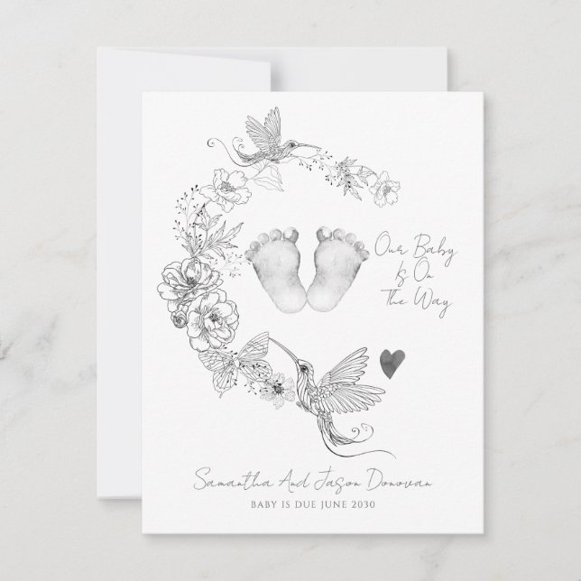Illustrated Floral Botanical Baby Feet Pregnancy  Announcement (Front)