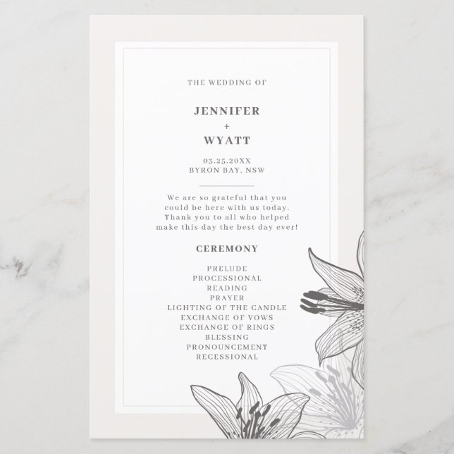 Illustrated Floral Lilies Wedding Programs (Front)