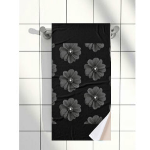 "Illustrated Flower in Black Grey Pattern" Bath Towel