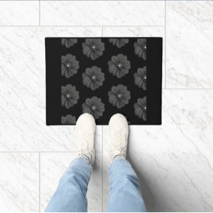 "Illustrated Flower in Black Grey Pattern" Doormat