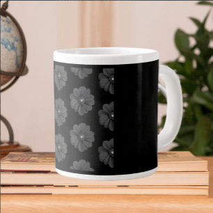 Illustrated Flower in Black Grey Pattern" Large Coffee Mug