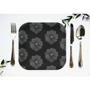 "Illustrated Flower in Black Grey Pattern" Paper Plate