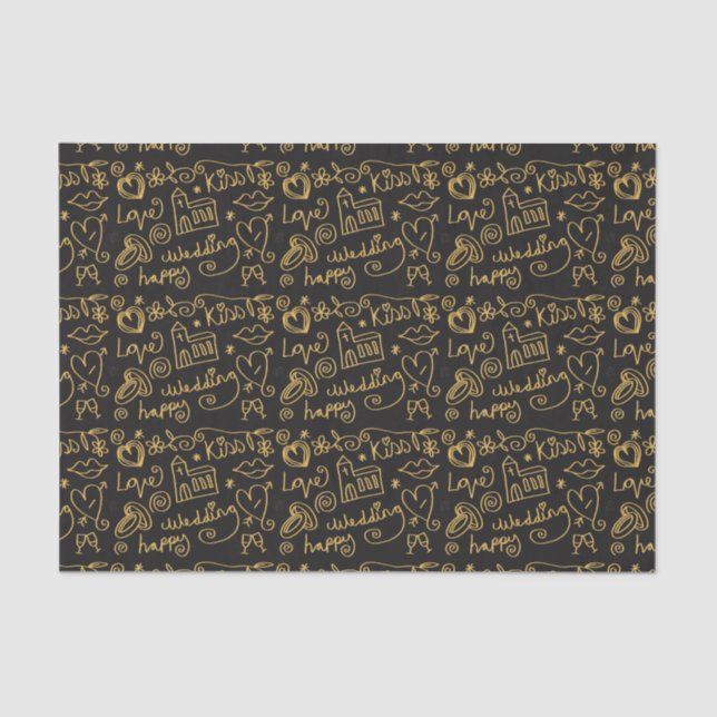 Illustrated Gold and Black Wedding Doodles Tissue Paper (Front)