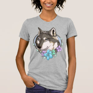 Illustrated Grey Wolf and Flowers T-Shirt