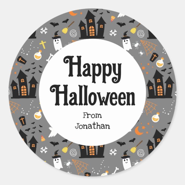 Illustrated Halloween Pattern with grey, black  Classic Round Sticker (Front)