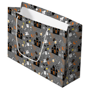 Illustrated Halloween Pattern with grey, black Large Gift Bag