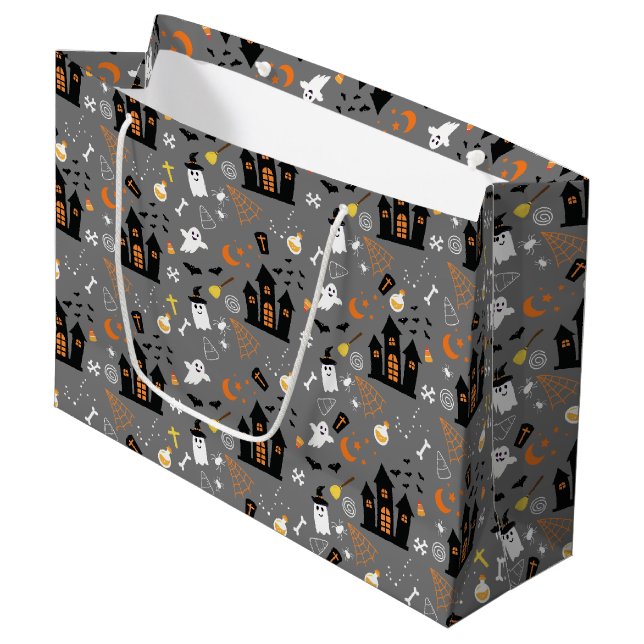 Illustrated Halloween Pattern with grey, black  Large Gift Bag (Front Angled)