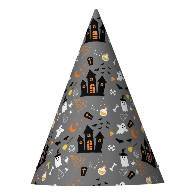 Illustrated Halloween Pattern with grey, black  Party Hat (Front)