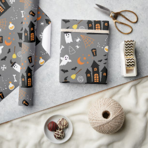 Illustrated Halloween Pattern with grey, black Wrapping Paper