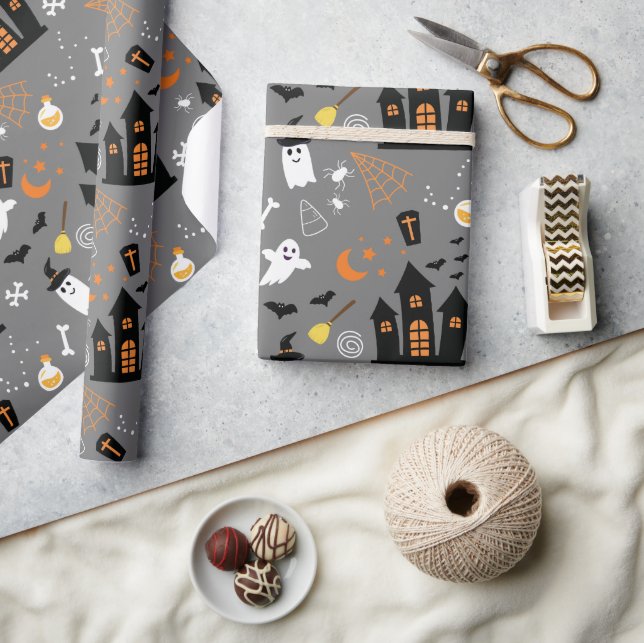 Illustrated Halloween Pattern with grey, black  Wrapping Paper (Crafts)