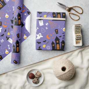Illustrated Halloween Pattern with Purple Wrapping Paper