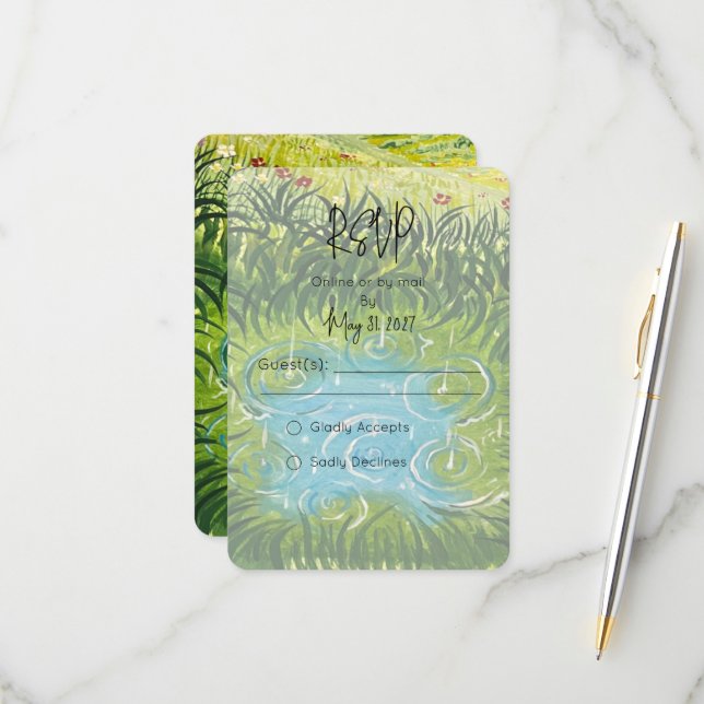 Illustrated Hand-Painted Raindrops Response Card (Front/Back In Situ)