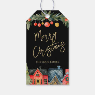 Illustrated Holiday House Christmas Black Gift Tags