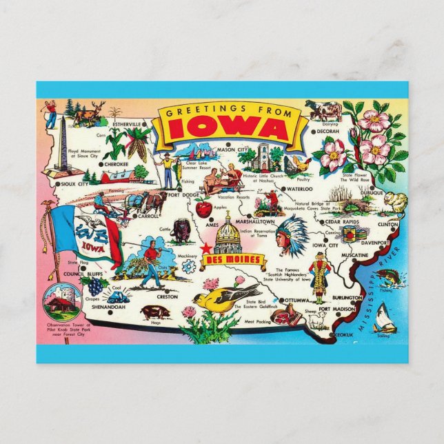 Illustrated Iowa Map Postcard (Front)