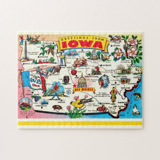 Illustrated Iowa Map Postcard Jigsaw Puzzle (Horizontal)