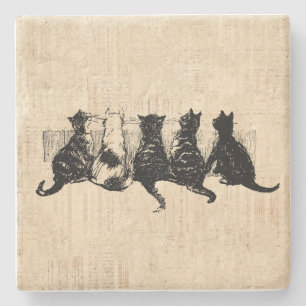 Illustrated Kittens with Tan Script Background Stone Coaster