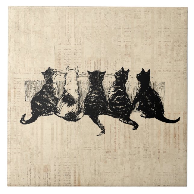 Illustrated Kittens with Tan Script Background Tile (Front)