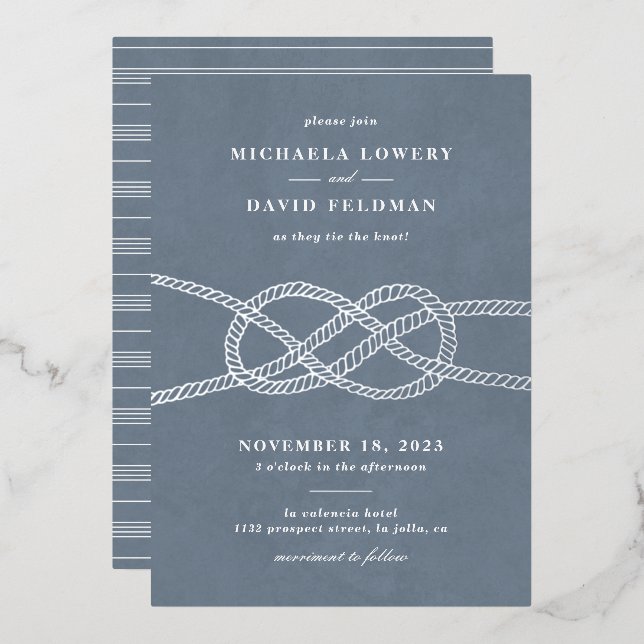 Illustrated Knot Wedding Invitation - Blue Grey (Front/Back)
