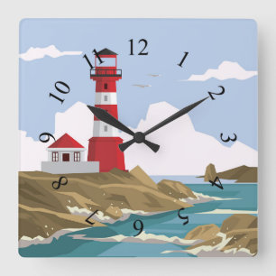 Illustrated lighthouse background square wall clock