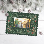 Illustrated Little Town Winter Scene Green Photo Holiday Card<br><div class="desc">Original illustrated  frame in white outline of a snowy village scene at night with large full moon and stars. By Becky Nimoy</div>