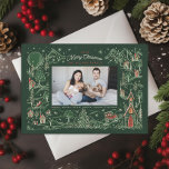 Illustrated Little Town Winter Scene Green Photo Holiday Card<br><div class="desc">Original illustrated  frame in white outline of a snowy village scene at night with large full moon and stars. By Becky Nimoy</div>