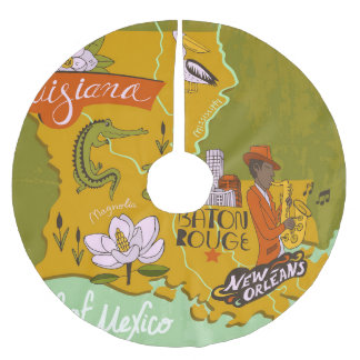 Illustrated Louisiana map: travel highlights. Brushed Polyester Tree Skirt