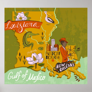 Illustrated Louisiana map: travel highlights. Poster
