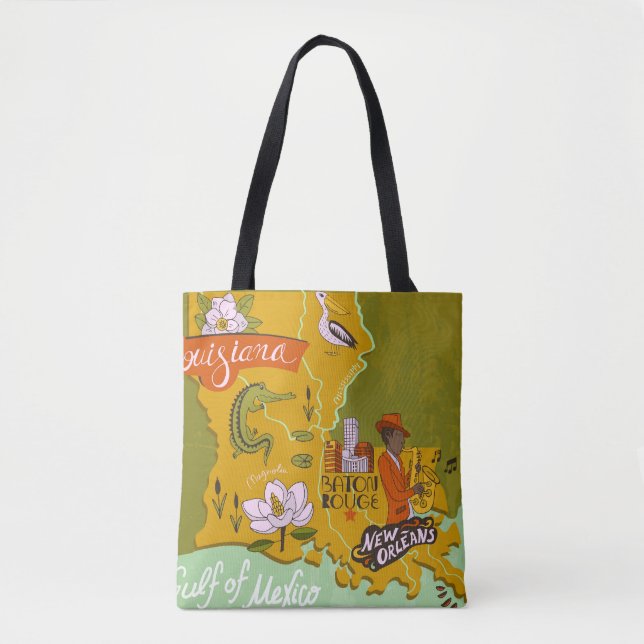 Illustrated Louisiana map: travel highlights. Tote Bag (Front)