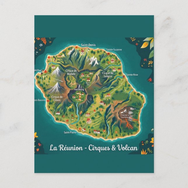 Illustrated Map La Réunion – Cirques & Volcano Postcard (Front)