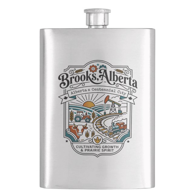 Illustrated Map of Brooks Alberta Canada Hip Flask (Front)