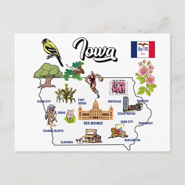 illustrated Map of Iowa in US Postcard (Front)