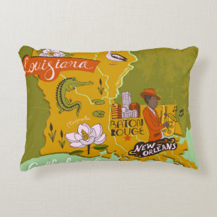 Illustrated map of Louisiana, USA. Travel and attr Decorative Cushion