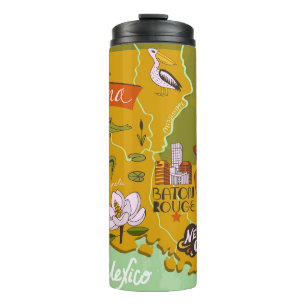 Illustrated map of Louisiana, USA. Travel and attr Thermal Tumbler
