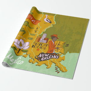 Illustrated map of Louisiana, USA. Travel and attr Wrapping Paper