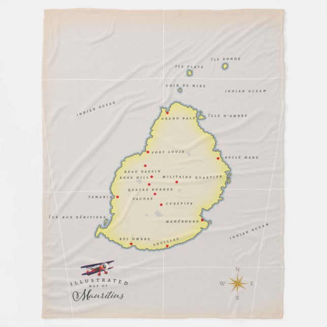 Illustrated map of Mauritius Fleece Blanket (Front)