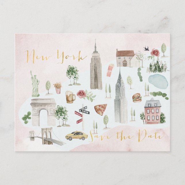 Illustrated Map of New York Save the Date Postcard (Front)
