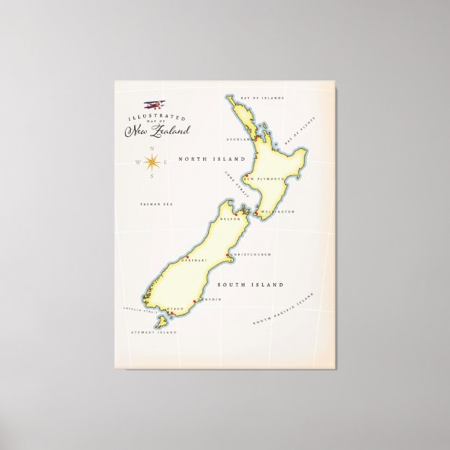 Illustrated map of New Zealand Canvas Print (Front)