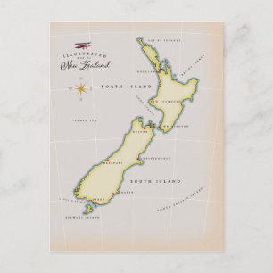 Illustrated map of New Zealand Postcard