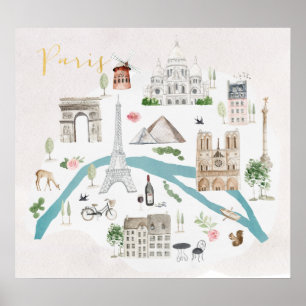 Illustrated Map of Paris Poster