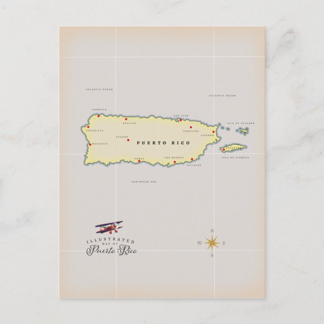 Illustrated map of Puerto Rico. Postcard (Front)