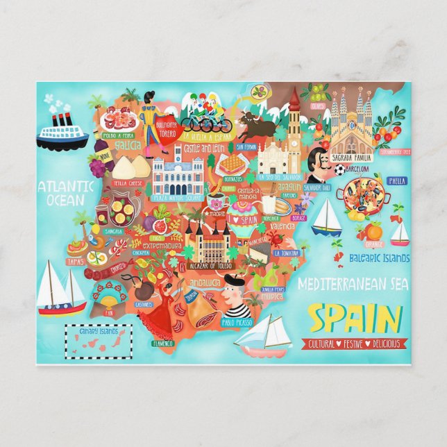 Illustrated Map of Spain Postcard () (Front)