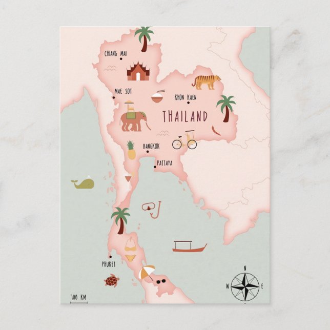 Illustrated map of Thailand Postcard (Front)